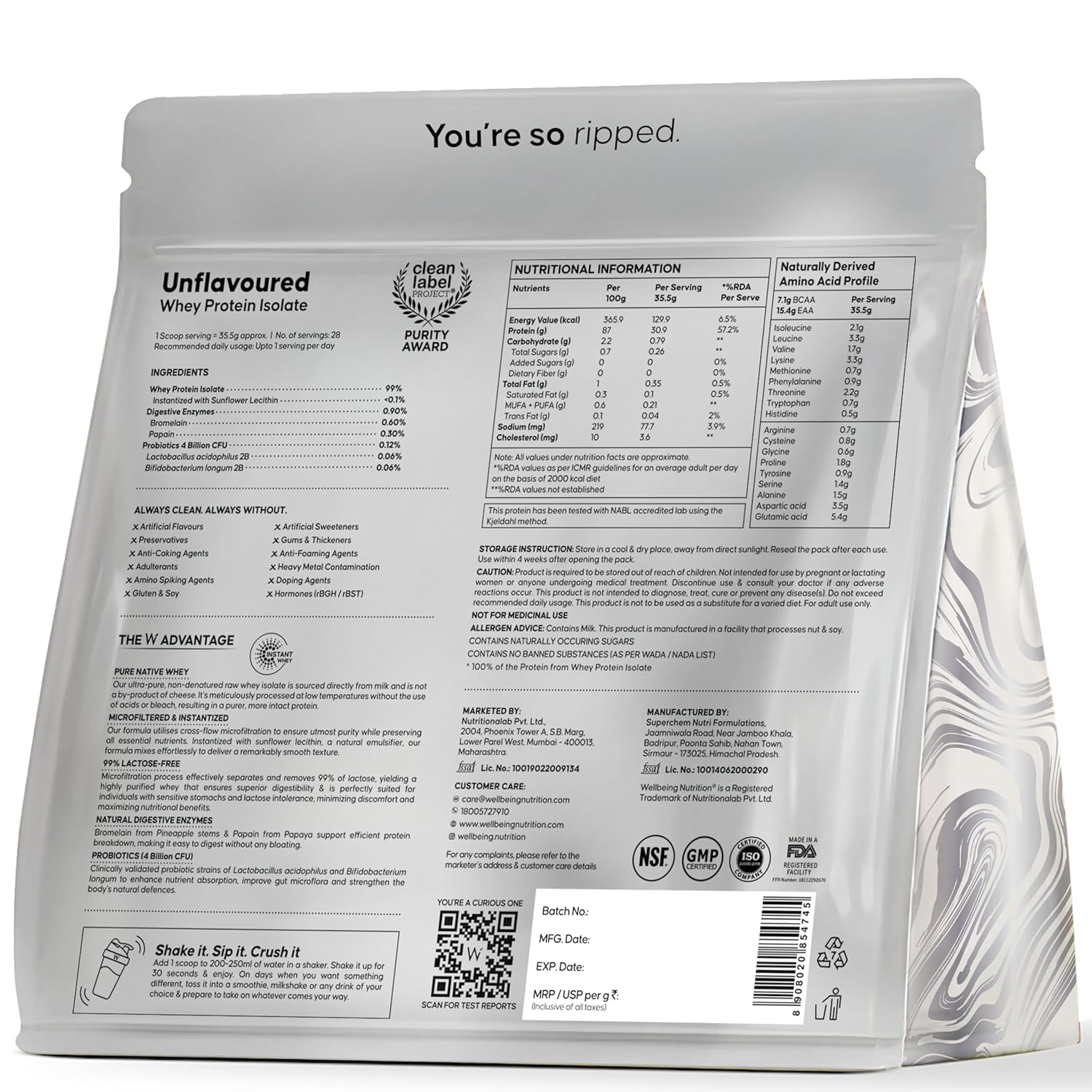 Wellbeing Nutrition Clean Whey Protein Isolate | Unflavoured (1kg) | Svesto Verified