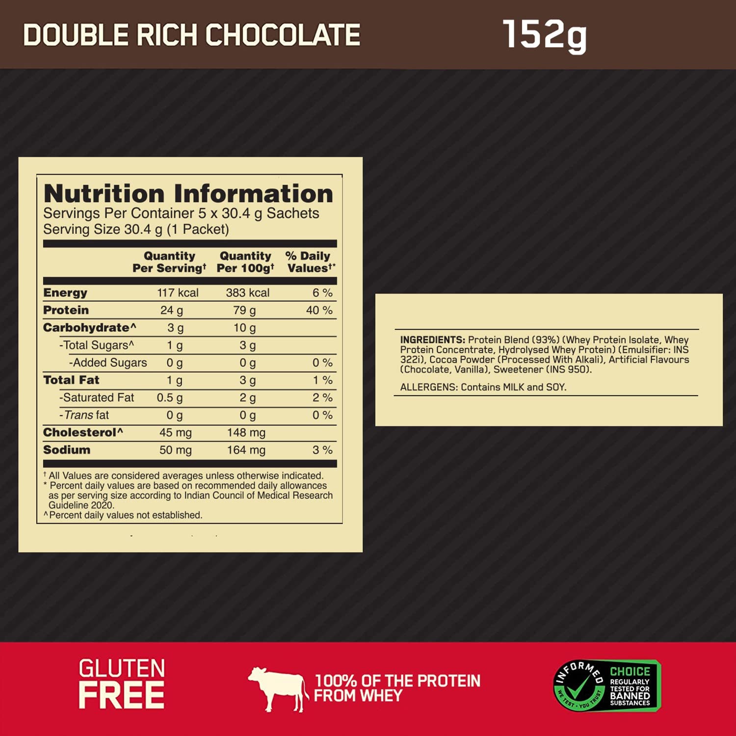 Optimum Nutrition (ON) Gold Standard 100% Whey Protein - 5 Trial Sachets (152g) | Double Rich Chocolate | Svesto Verified