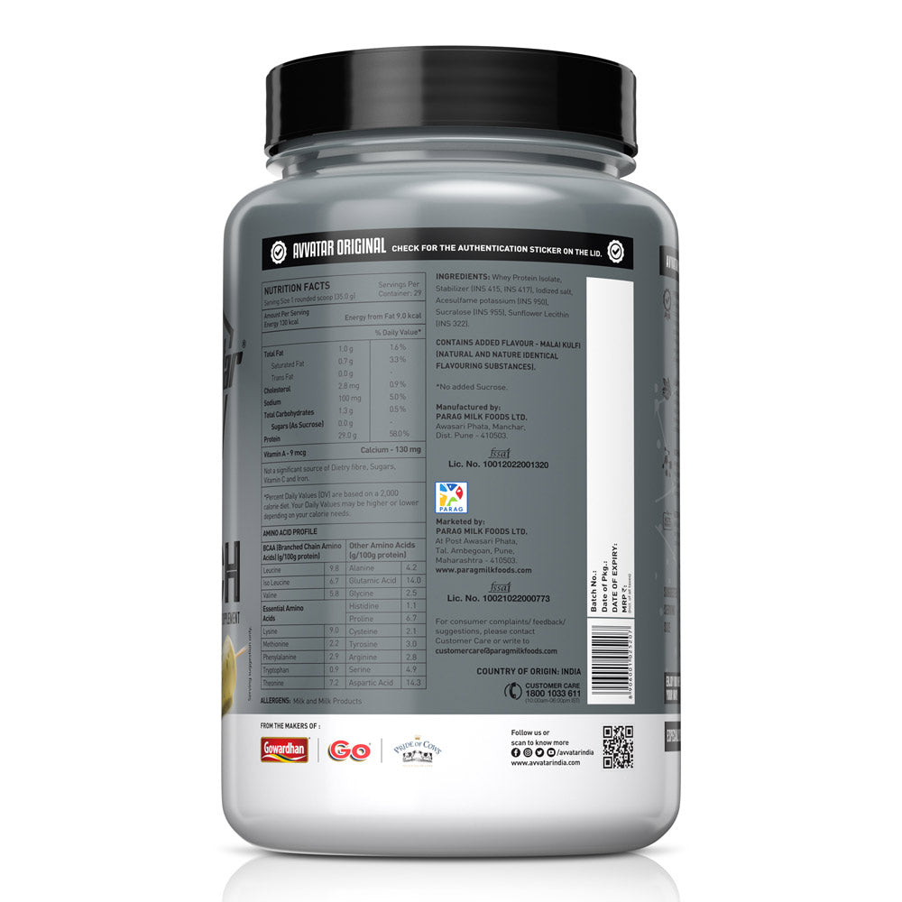 Avvatar Isorich Whey Protein Isolate | Malai Kulfi (1 Kg) | Svesto Verified