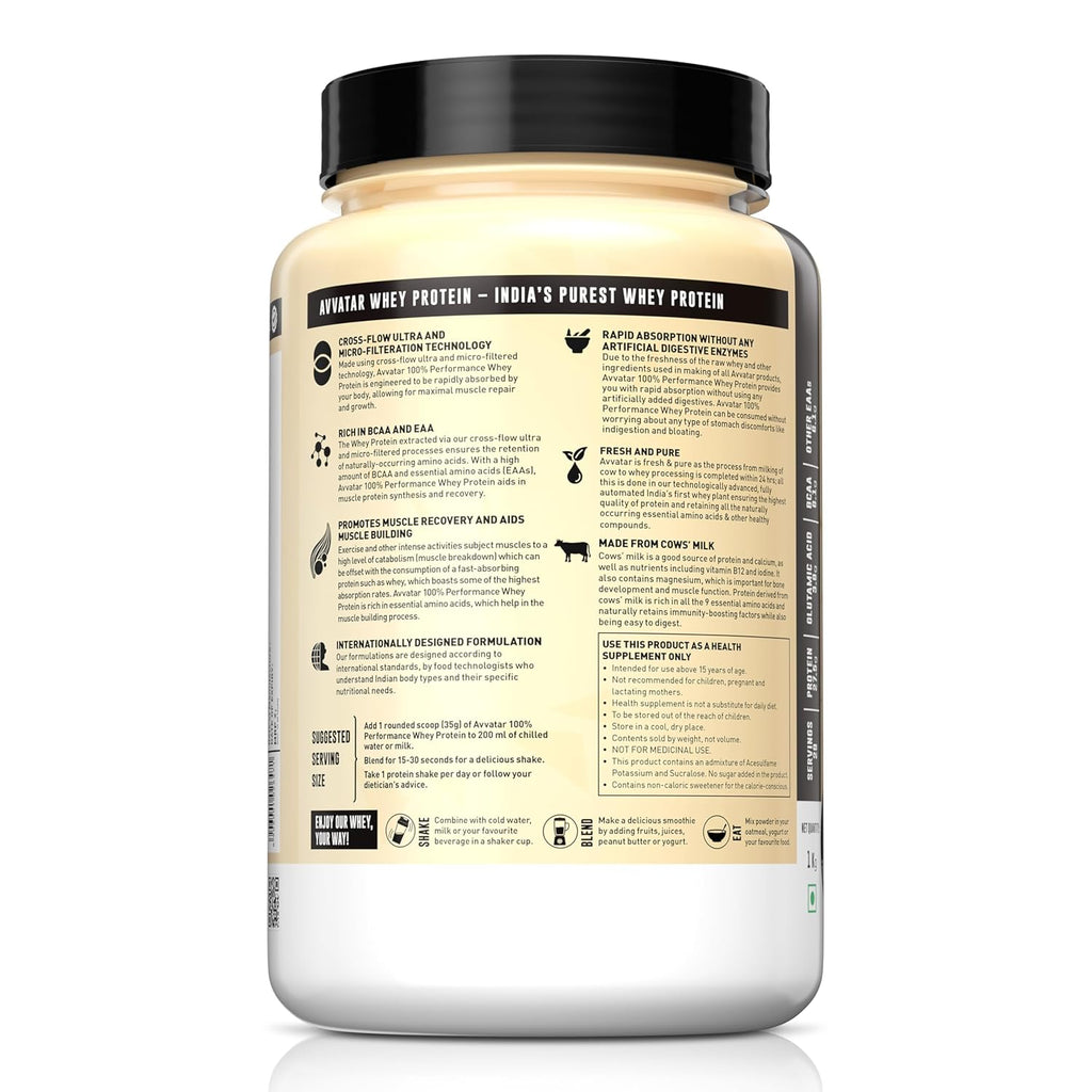 Avvatar 100% Performance Whey Protein - 1kg (2.2 lb) | Malai Kulfi | Svesto Verified