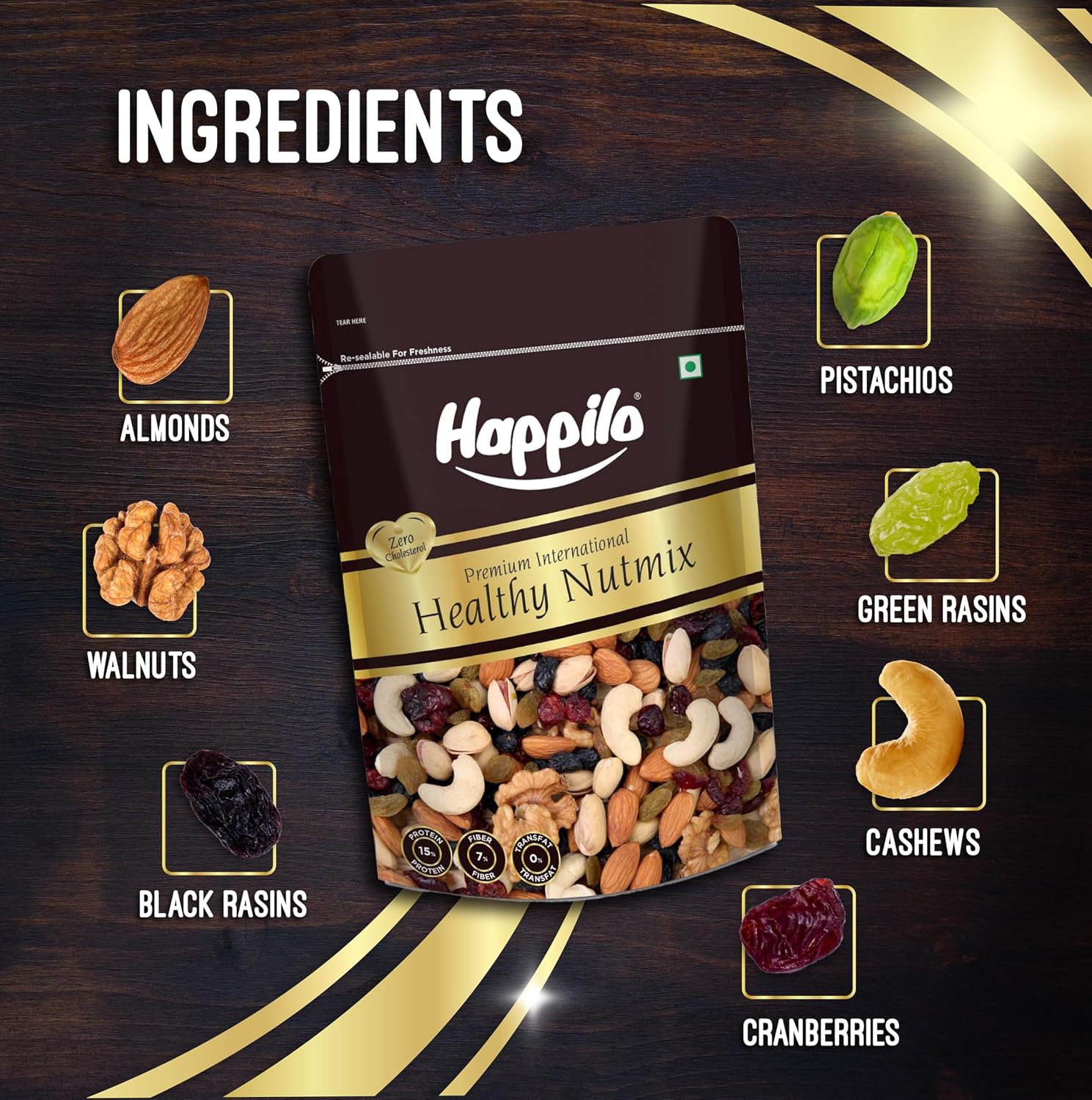 Happilo Premium International Healthy Nutmix, 200g | 7 Superfoods in 1 Mixes | Dry Fruits Contains Almonds, Cashews, Walnuts, Pistachios, Cranberries, Green & Black Raisins | Svesto Verified