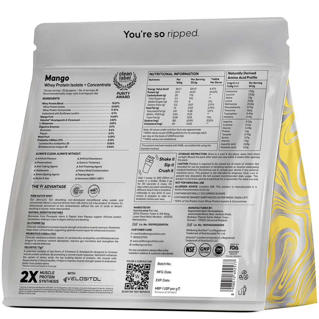 Wellbeing Nutrition Whey Protein Isolate + Concentrate | 1kg | Mango | Svesto Verified