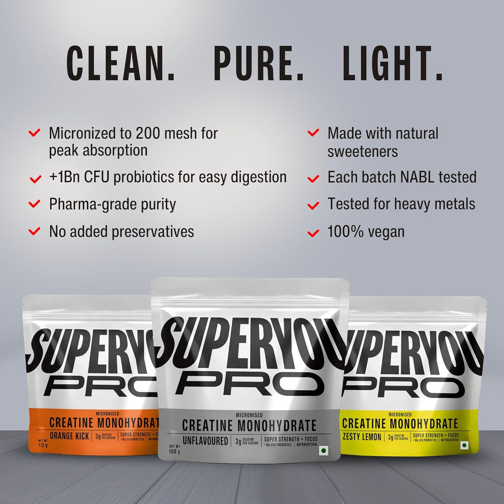 SuperYou Pro Micronised Creatine Monohydrate | 112g (33 Servings) | Zesty Lemon | Svesto Verified