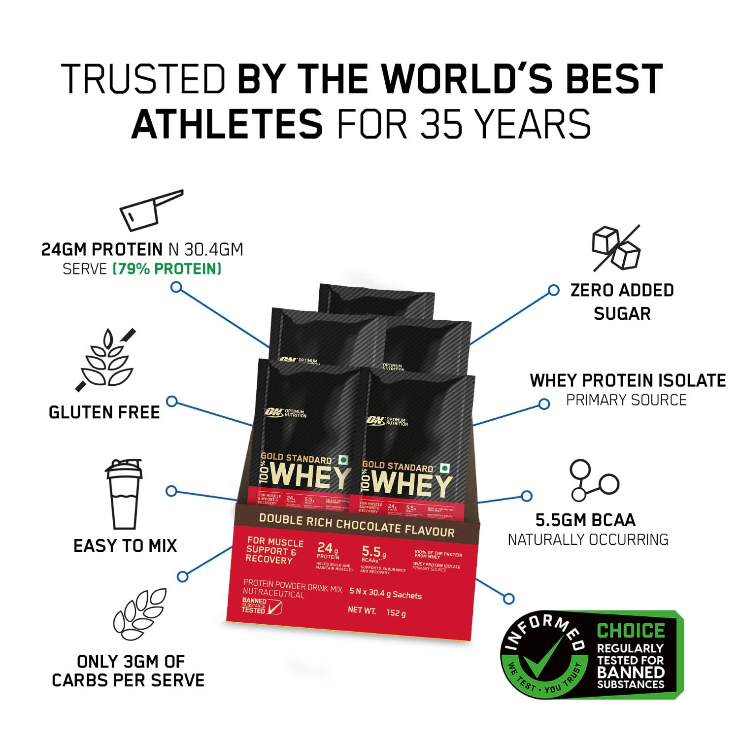 Optimum Nutrition (ON) Gold Standard 100% Whey Protein - 5 Trial Sachets (152g) | Double Rich Chocolate | Svesto Verified