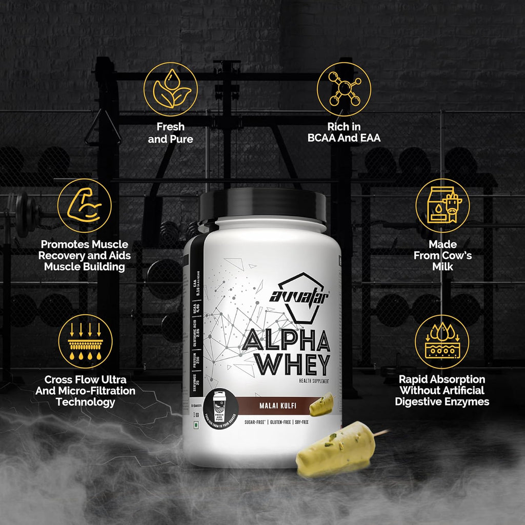 Avvatar ALPHA Whey Protein - 1kg (2.2 lb) | Malai Kulfi | Svesto Verified