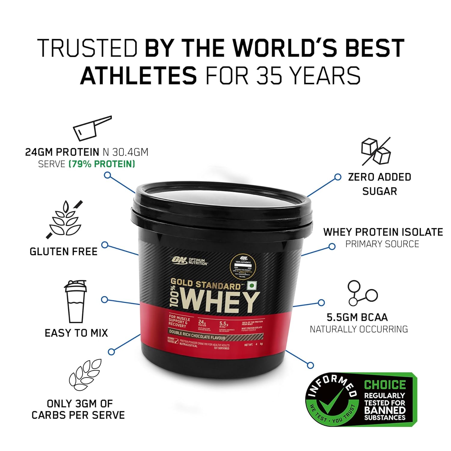 Optimum Nutrition (ON) Gold Standard 100% Whey Protein - 4kg (8.8 lb) | Double Rich Chocolate | Svesto Verified