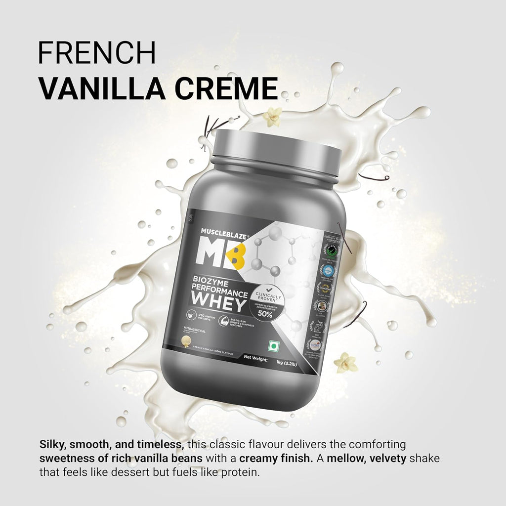 MuscleBlaze Biozyme Performance Whey Protein - 1kg (2.2 lb) | French Vanilla Creme | Svesto Verified