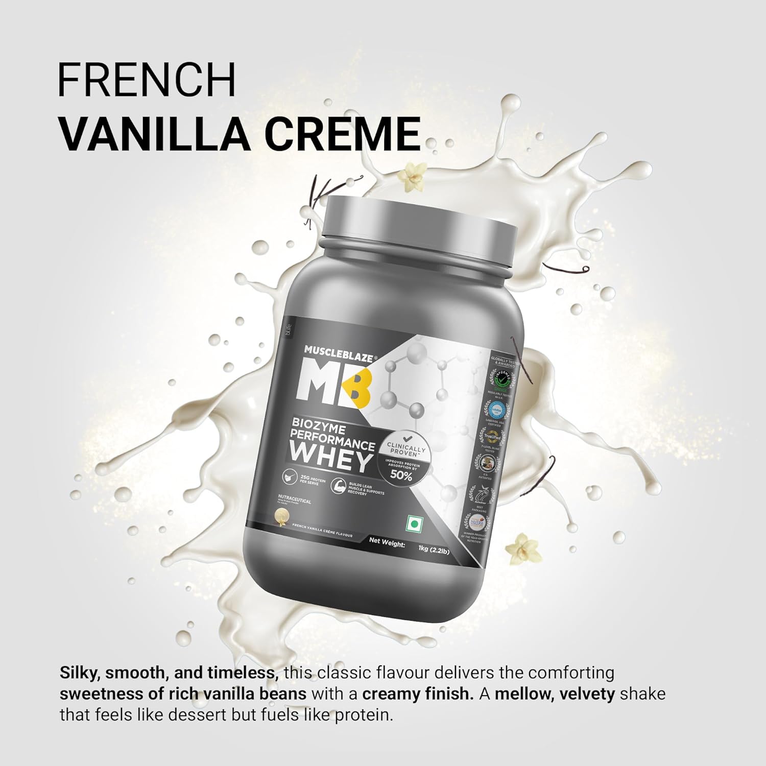 MuscleBlaze Biozyme Performance Whey Protein - 1kg (2.2 lb) | French Vanilla Creme | Svesto Verified