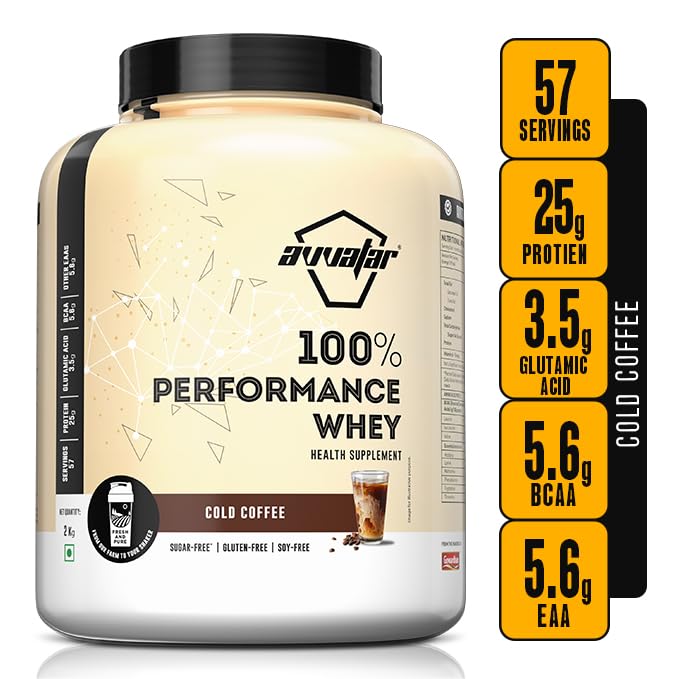 Avvatar 100% Performance Whey Protein - 2kg (4.4 lb) | Cold Coffee | Svesto Verified