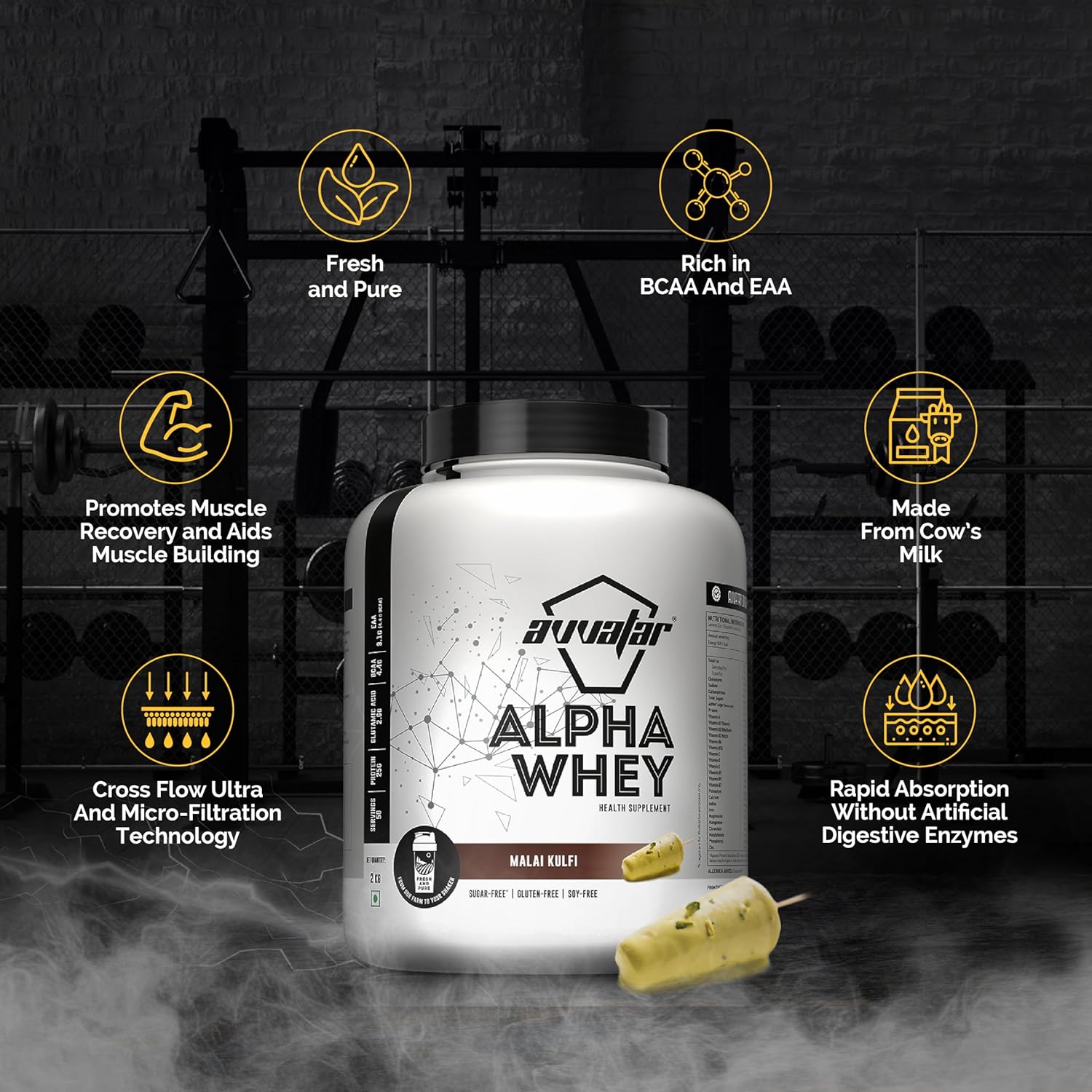Avvatar ALPHA Whey Protein - 2kg (4.4 lb) | Malai Kulfi | Svesto Verified