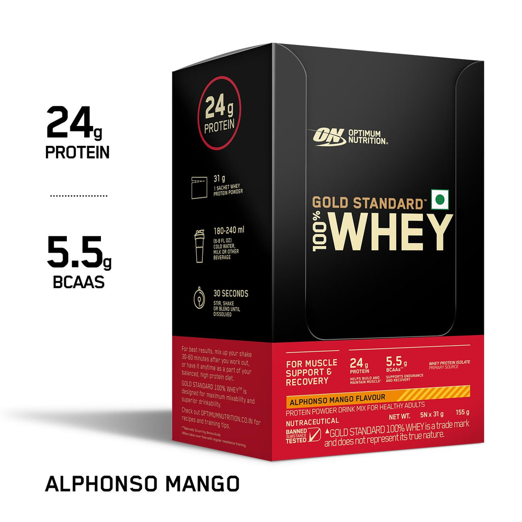 Optimum Nutrition (ON) Gold Standard 100% Whey Protein - 5 Trial Sachets (155g) | Alphonso Mango | Svesto Verified