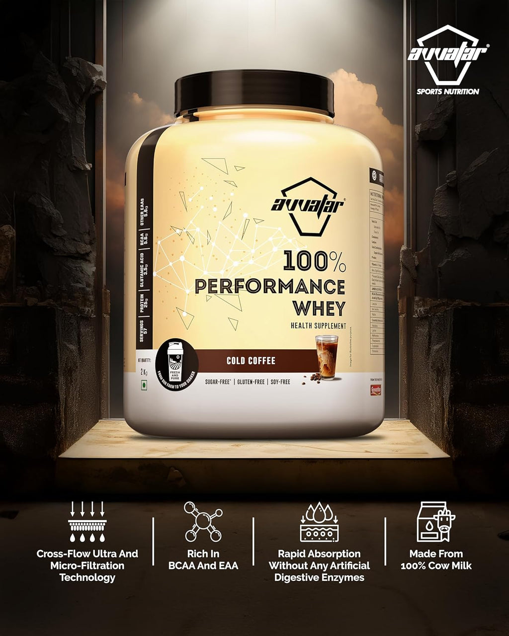 Avvatar 100% Performance Whey Protein - 2kg (4.4 lb) | Cold Coffee | Svesto Verified