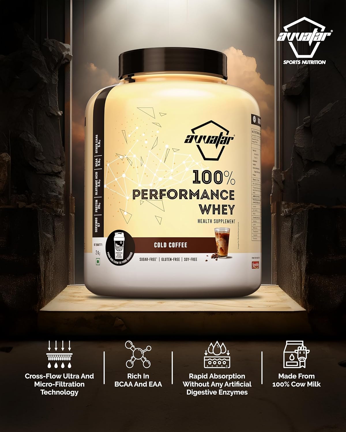 Avvatar 100% Performance Whey Protein - 2kg (4.4 lb) | Cold Coffee | Svesto Verified