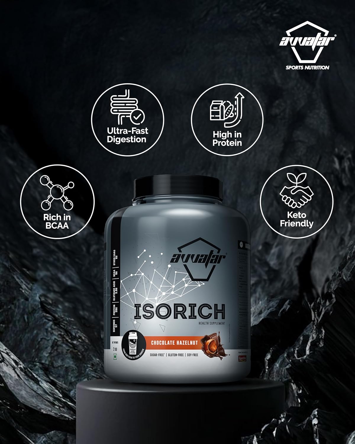 Avvatar ISORICH Whey Protein Isolate - 2kg (4.4 lb) | Chocolate Hazelnut | Svesto Verified