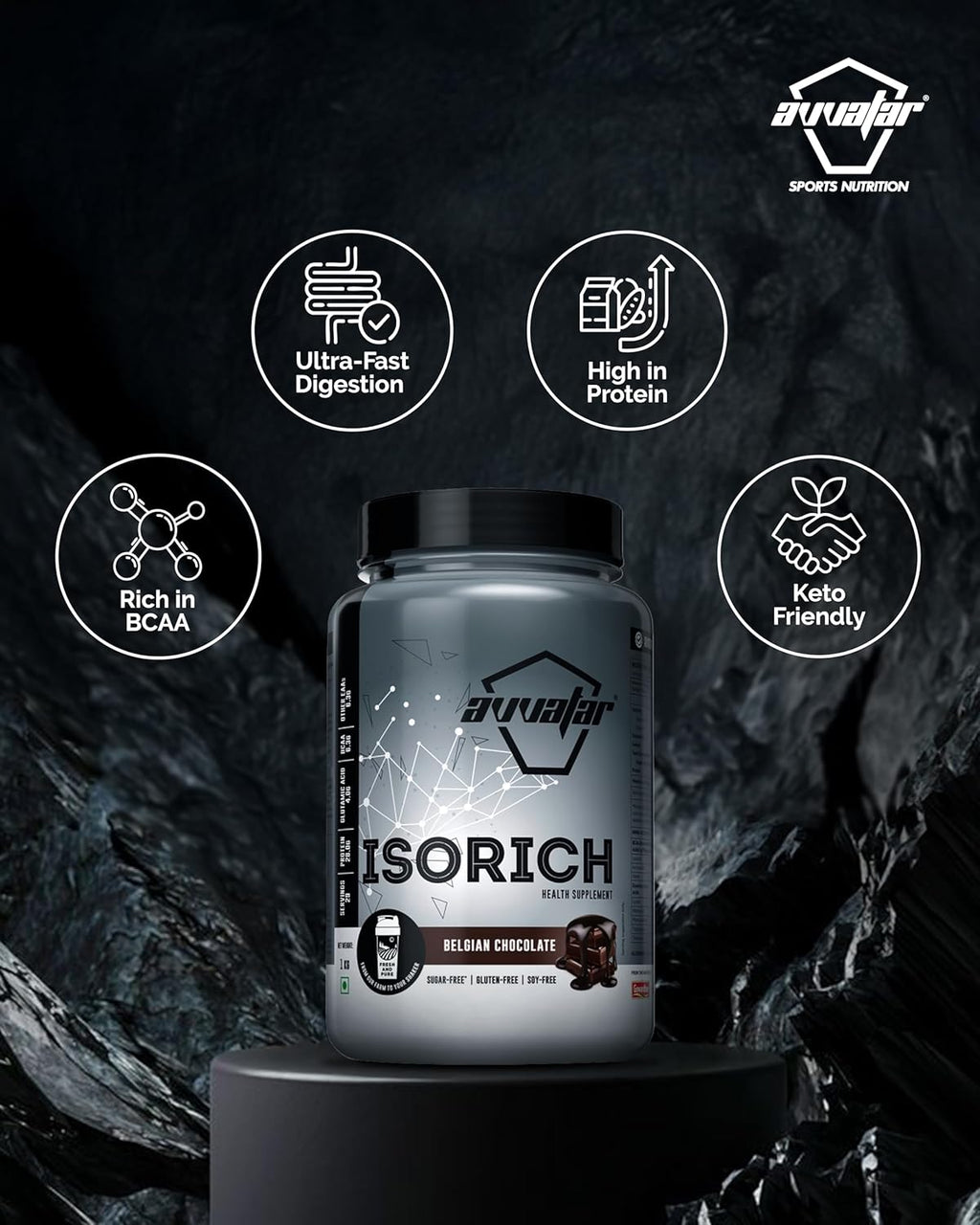 Avvatar ISORICH Whey Protein Isolate - 1kg (2.2 lb) | Belgian Chocolate | Svesto Verified