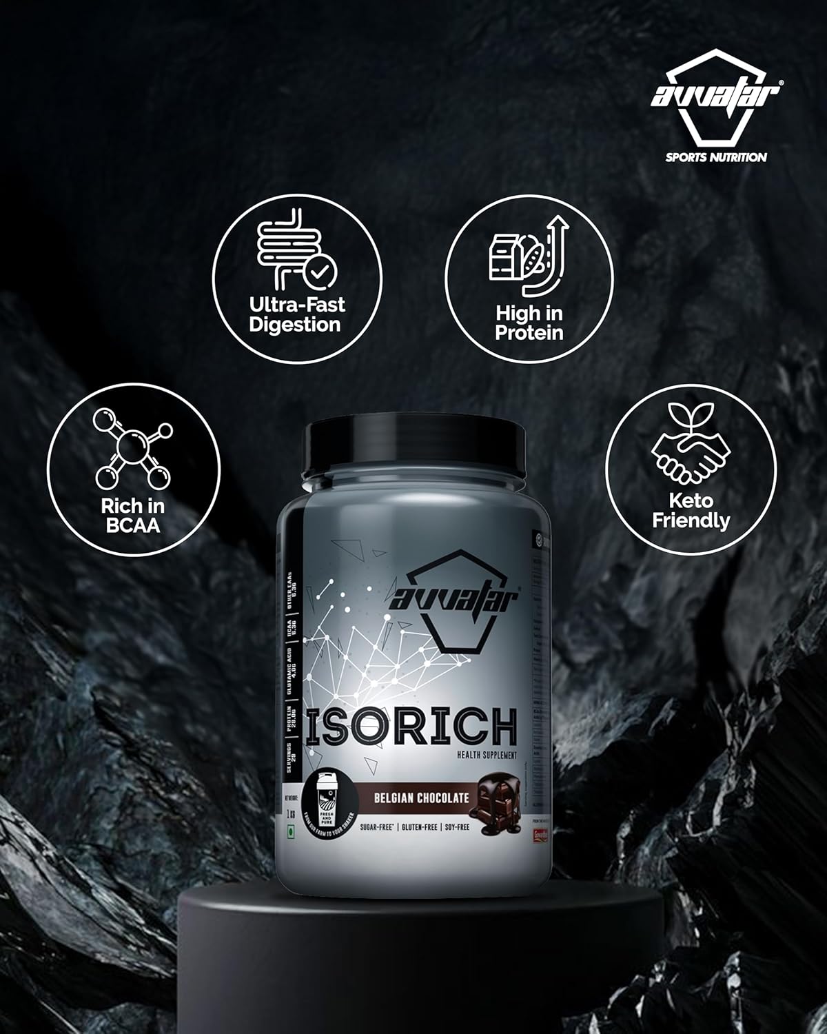 Avvatar ISORICH Whey Protein Isolate - 1kg (2.2 lb) | Belgian Chocolate | Svesto Verified