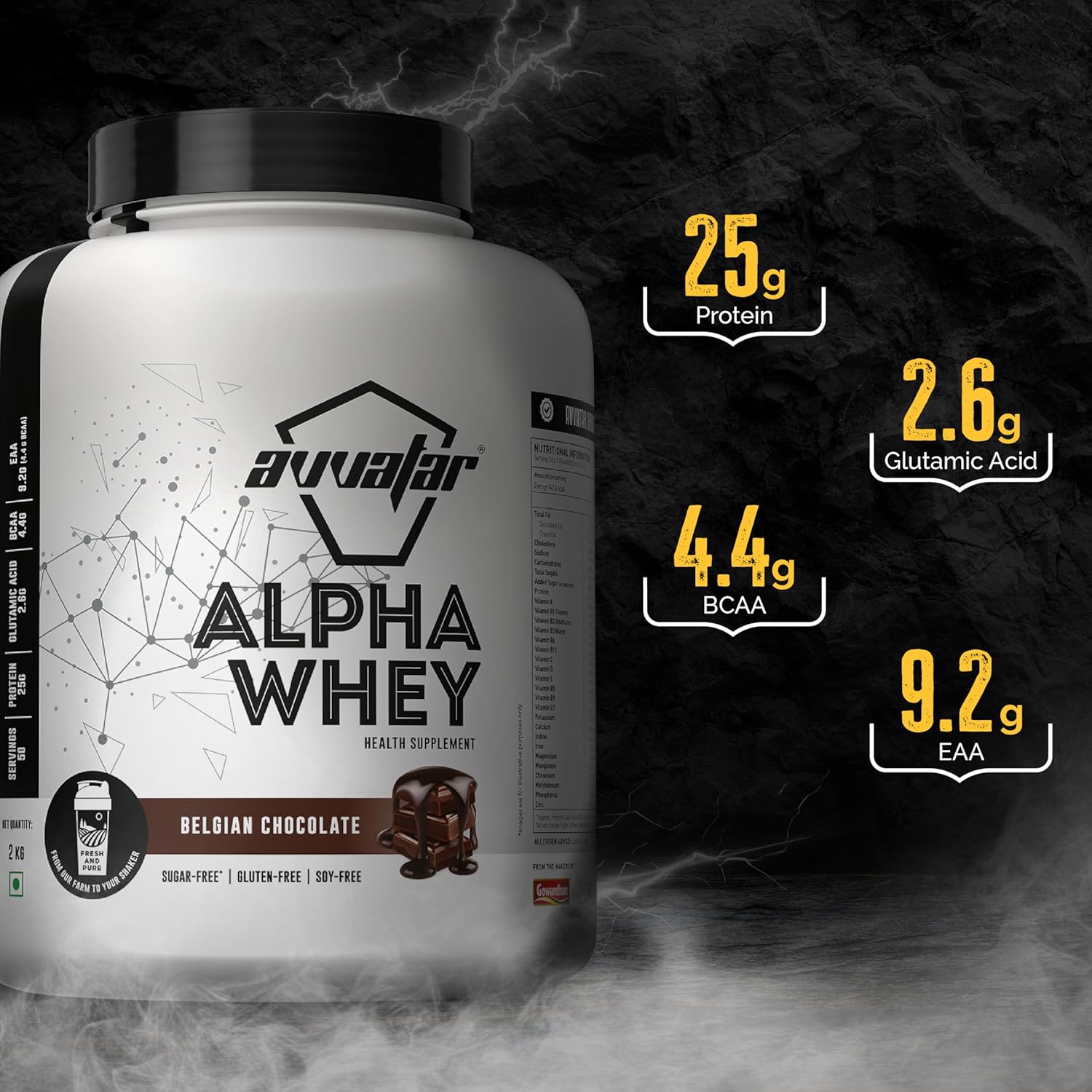 Avvatar ALPHA Whey Protein - 2kg (4.4 lb) | Belgian Chocolate | Svesto Verified