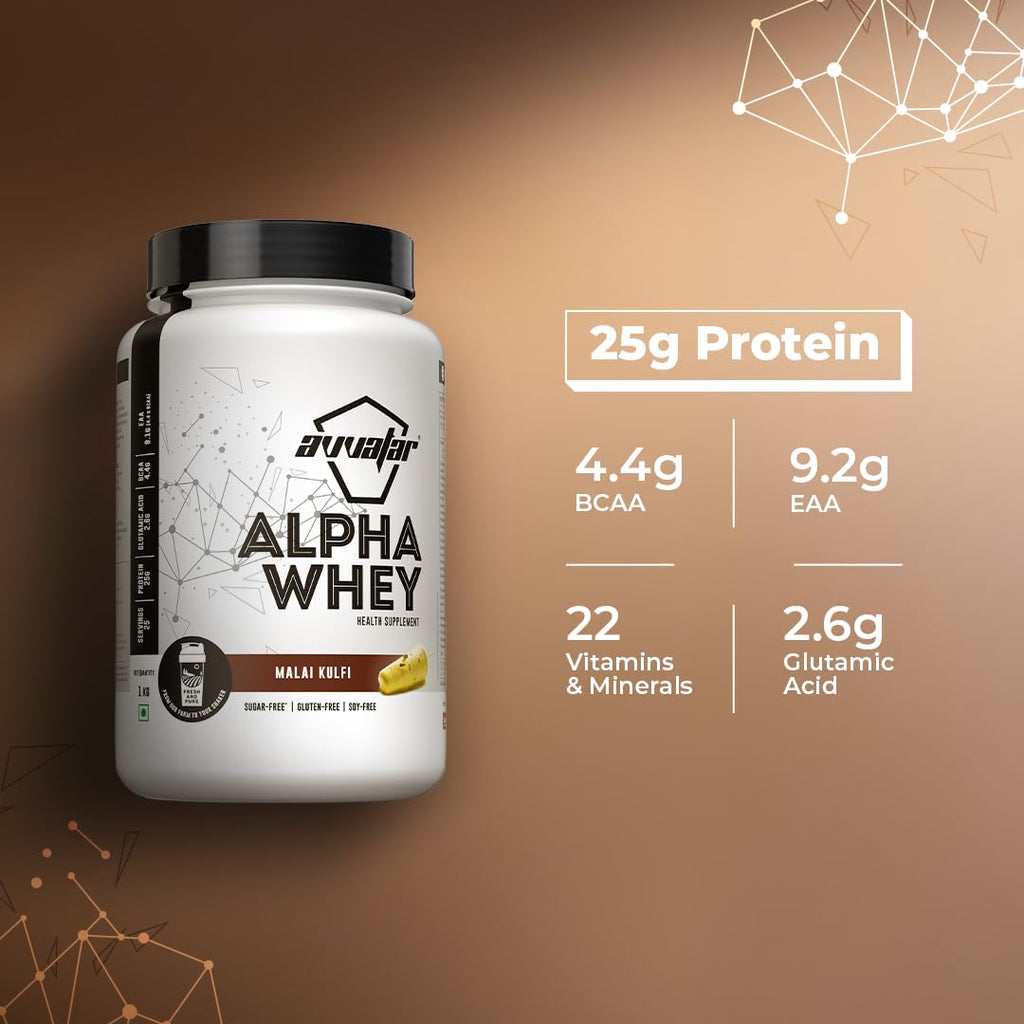 Avvatar ALPHA Whey Protein - 1kg (2.2 lb) | Malai Kulfi | Svesto Verified