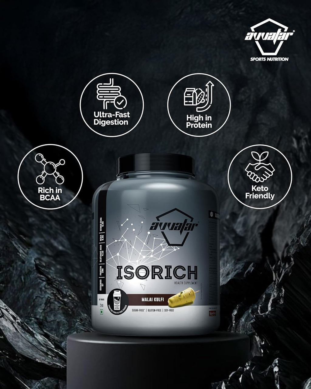 Avvatar ISORICH Whey Protein Isolate - 2kg (4.4 lb) | Malai Kulfi | Svesto Verified