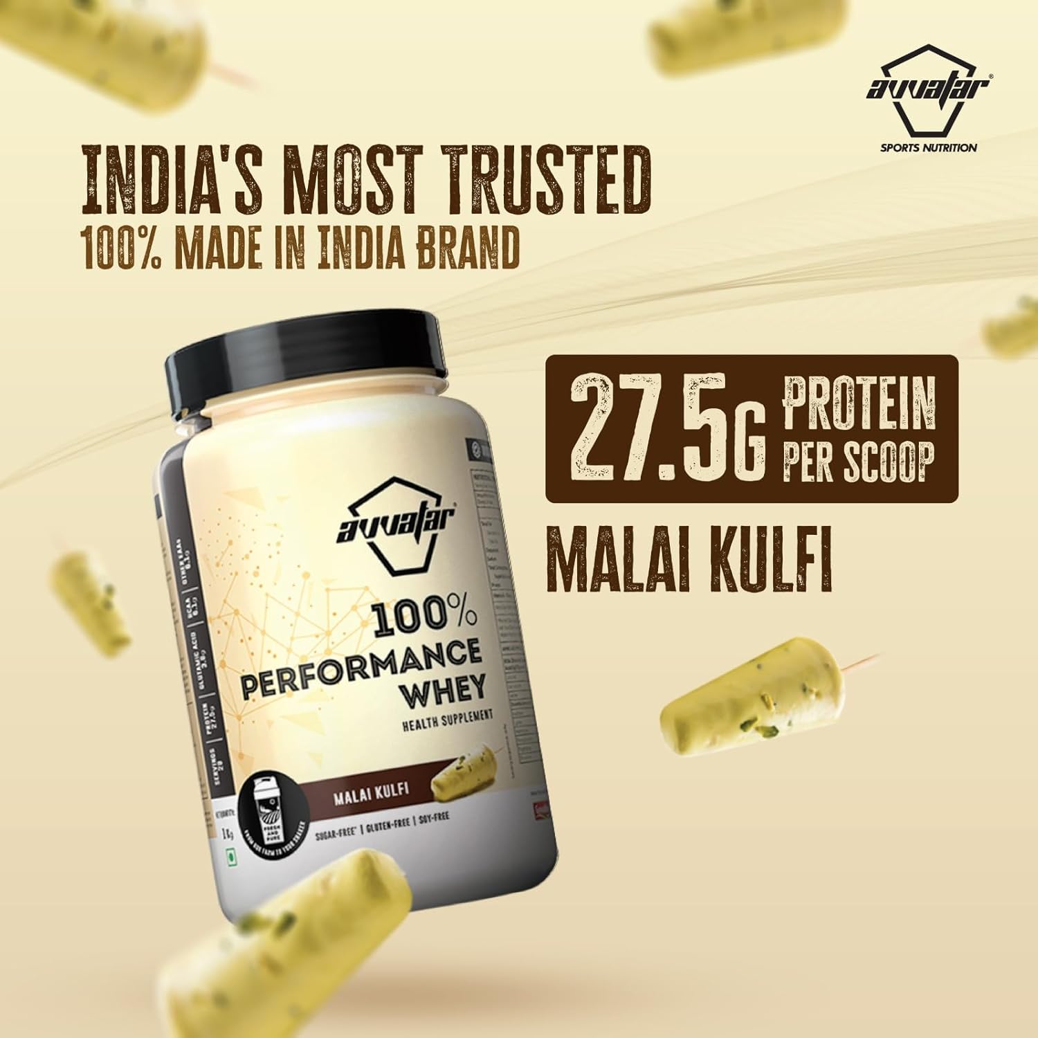 Avvatar 100% Performance Whey Protein - 1kg (2.2 lb) | Malai Kulfi | Svesto Verified