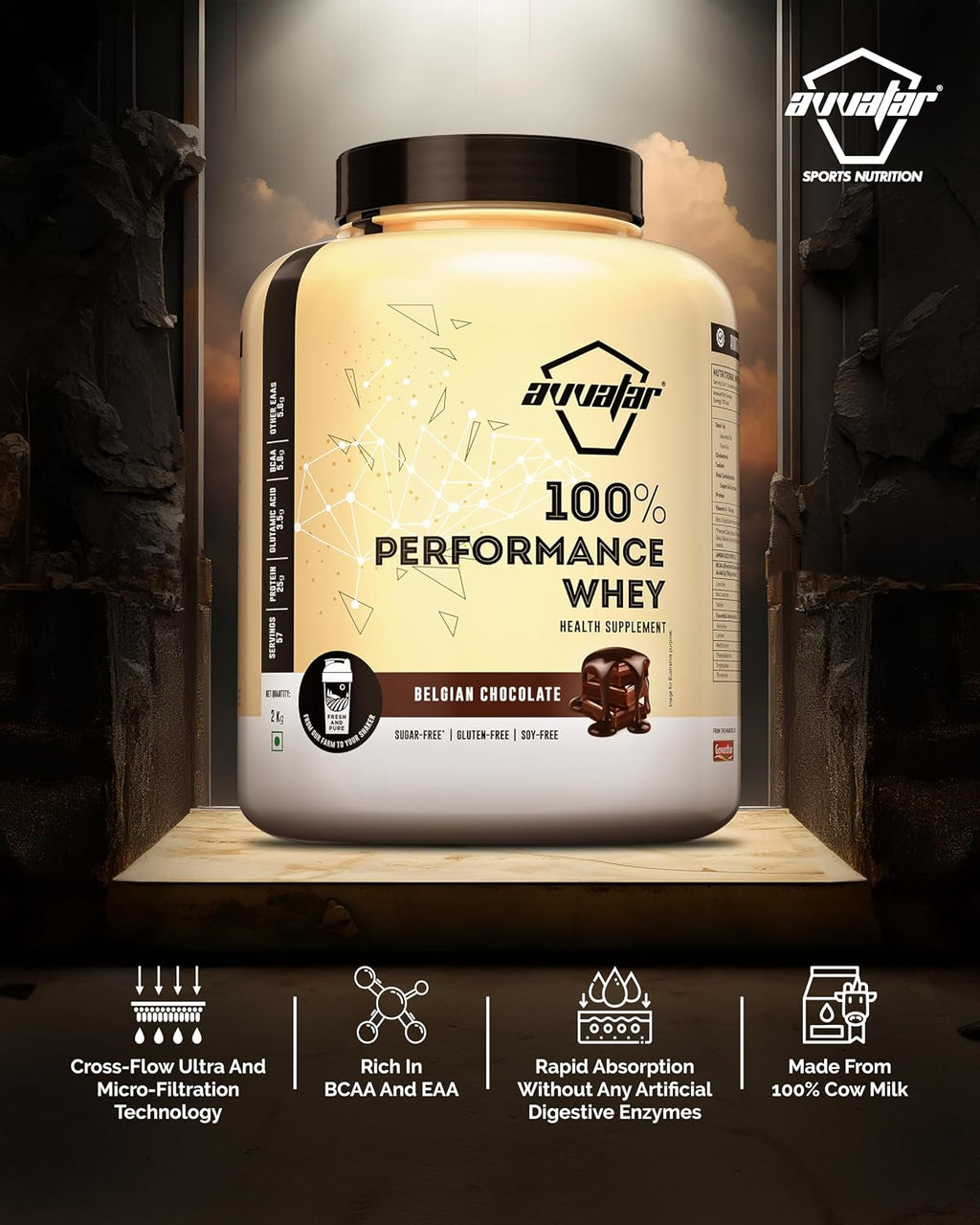 Avvatar 100% Performance Whey Protein - 2kg (4.4 lb) | Belgian Chocolate | Svesto Verified