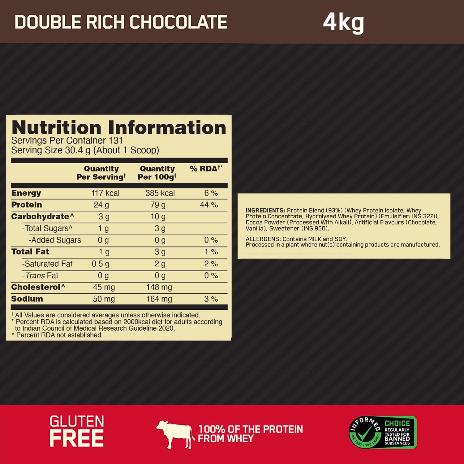Optimum Nutrition (ON) Gold Standard 100% Whey Protein - 4kg (8.8 lb) | Double Rich Chocolate | Svesto Verified