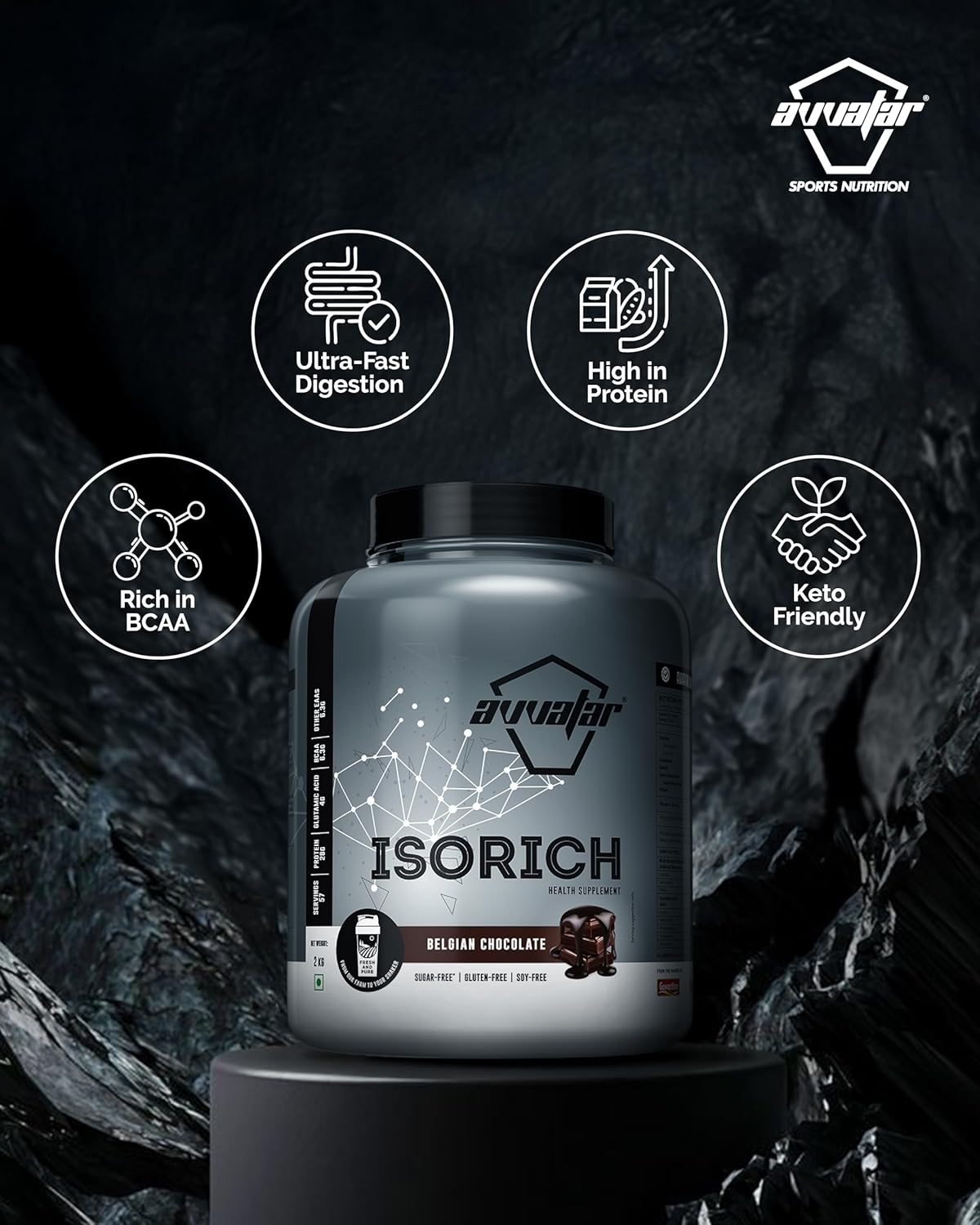 Avvatar ISORICH Whey Protein Isolate - 2kg (4.4 lb) | Belgian Chocolate | Svesto Verified