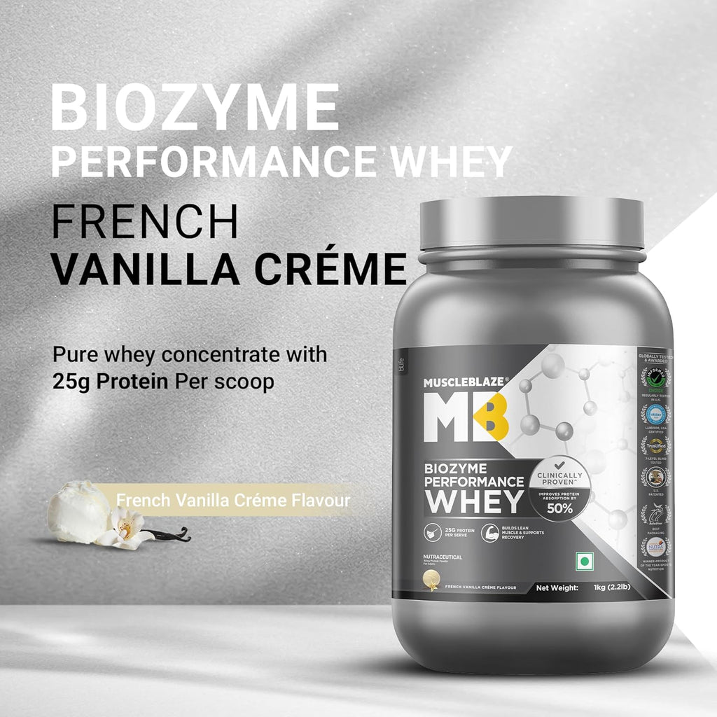 MuscleBlaze Biozyme Performance Whey Protein - 1kg (2.2 lb) | French Vanilla Creme | Svesto Verified
