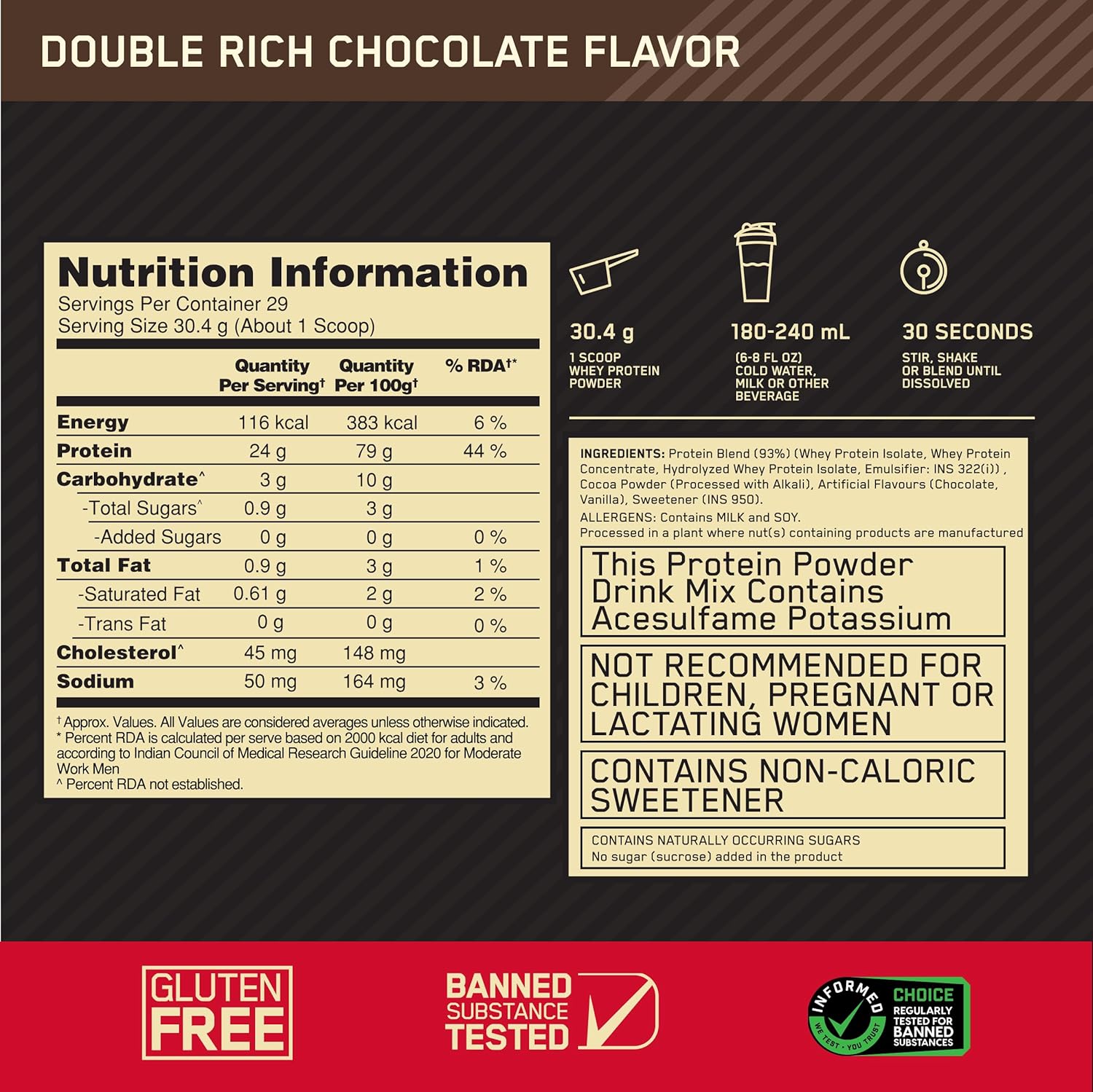 Optimum Nutrition (ON) Gold Standard 100% Whey | Double Rich Chocolate (2 lbs) | Svesto Verified